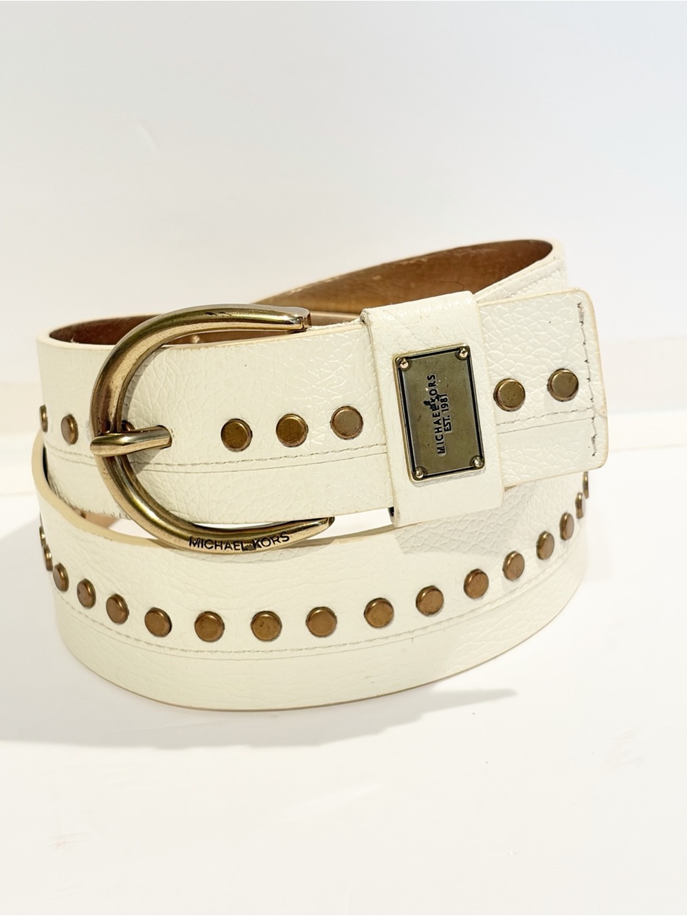 Michael Kors Cream Leather Studded Belt Antique Brass Plaque Medium M Boho Chic
